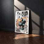 Shinra Kusakabe manga poster inspired by Fire Force in a black frame against a charcoal gray wall