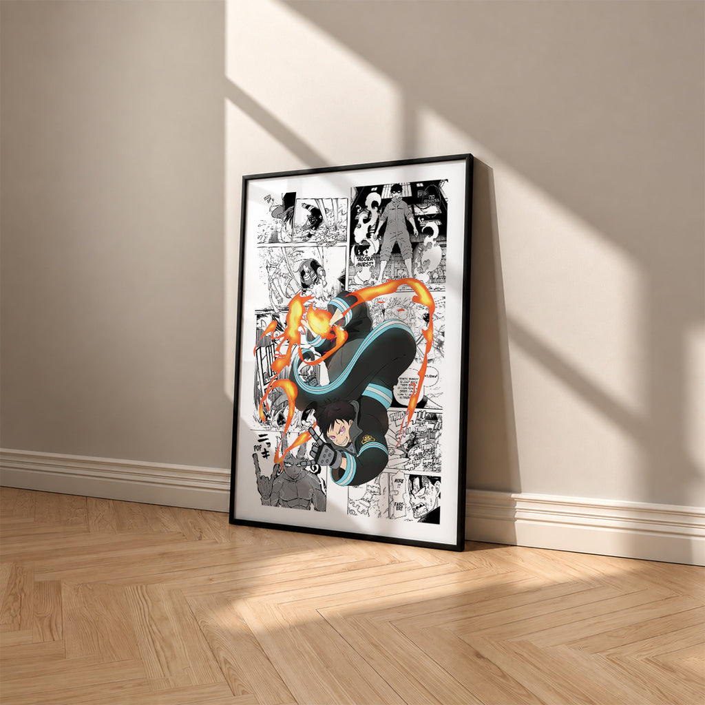 Shinra Kusakabe manga poster inspired by Fire Force in a black frame against a warm beige wall