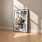 Shinra Kusakabe manga poster inspired by Fire Force in a black frame against a warm beige wall