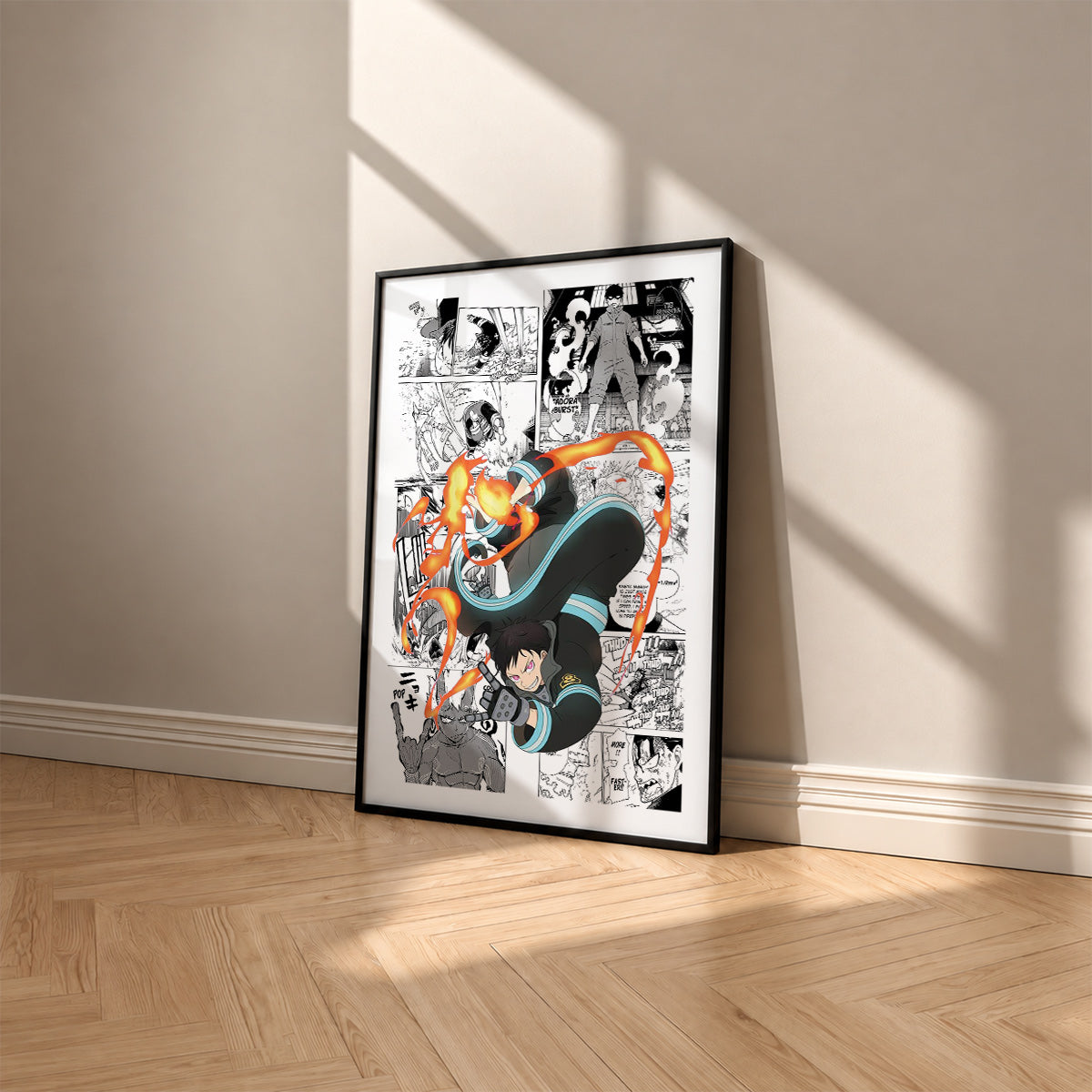 Shinra Kusakabe manga poster inspired by Fire Force in a black frame against a warm beige wall