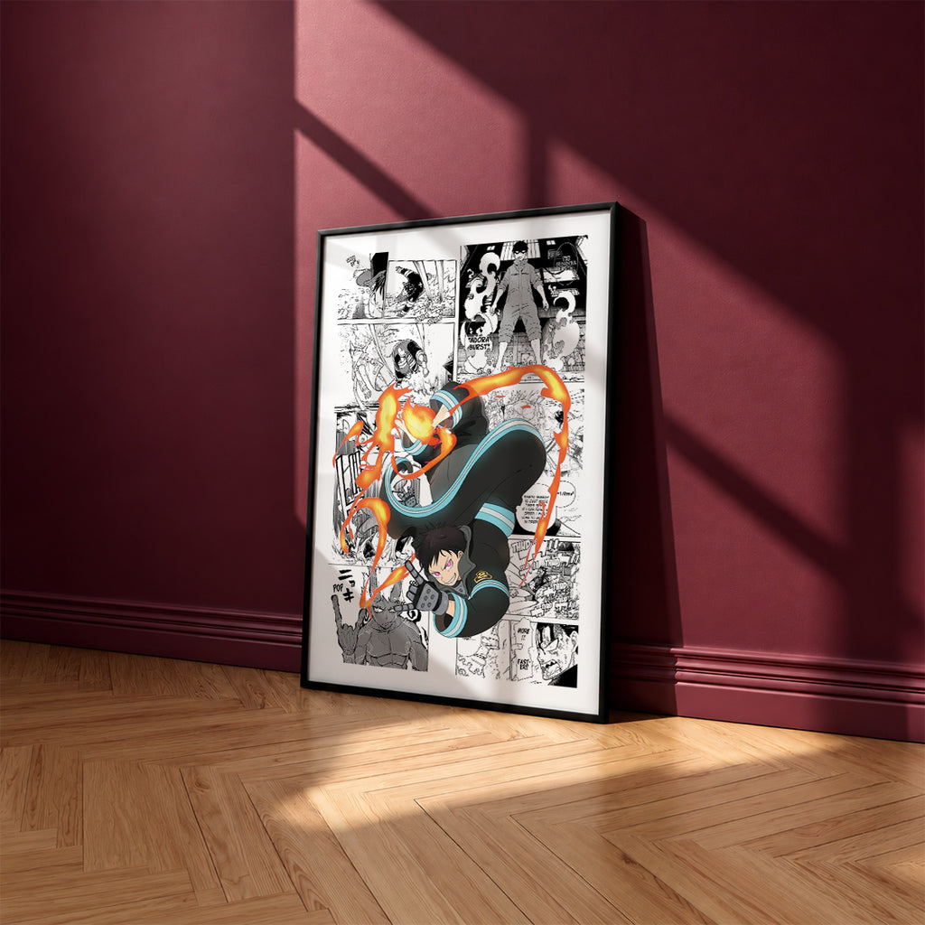 Shinra Kusakabe manga poster inspired by Fire Force in a black frame against a burgundy wall