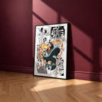 Shinra Kusakabe manga poster inspired by Fire Force in a black frame against a burgundy wall
