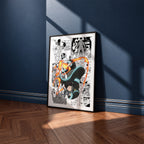 Shinra Kusakabe manga poster inspired by Fire Force in a black frame against a navy blue wall