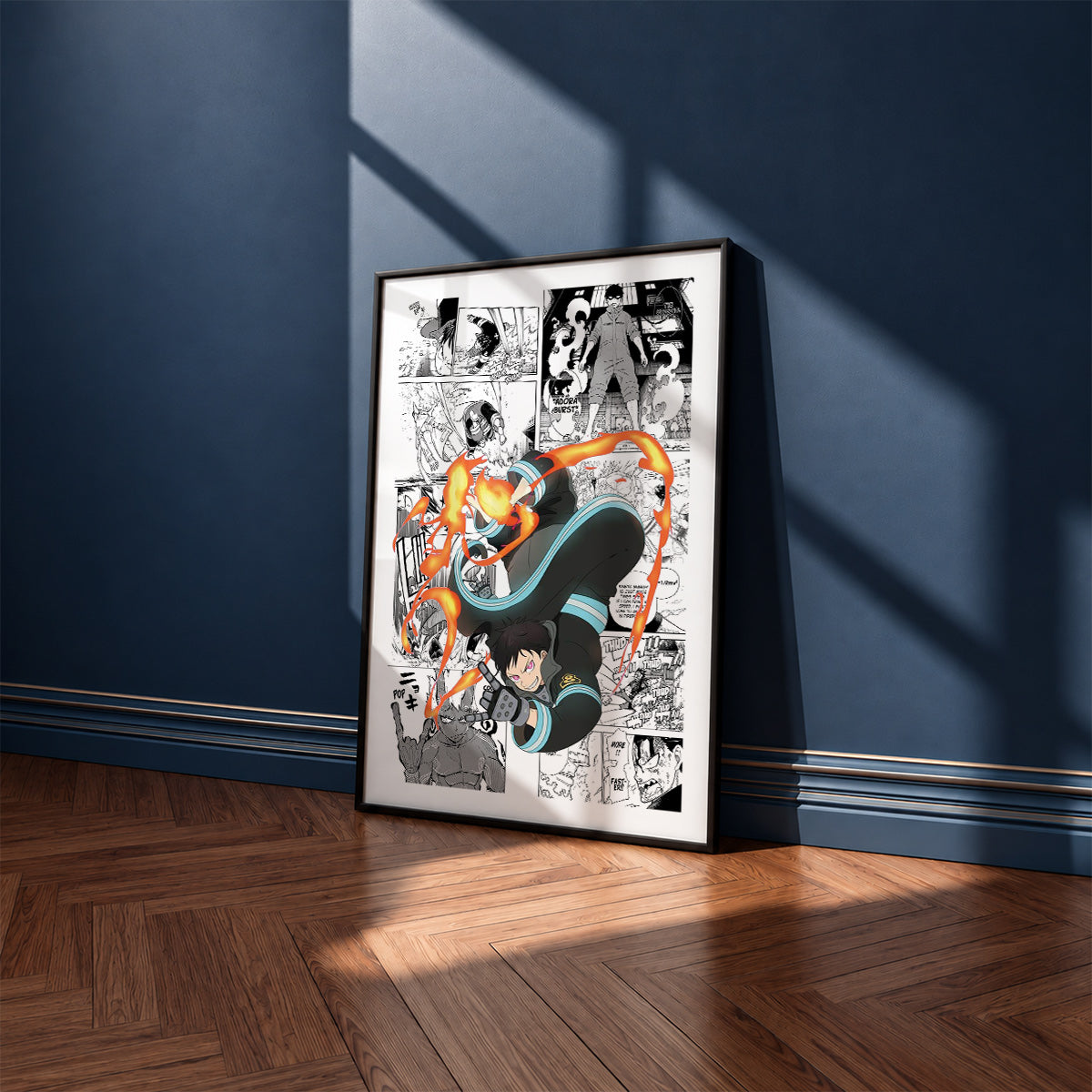 Shinra Kusakabe manga poster inspired by Fire Force in a black frame against a navy blue wall