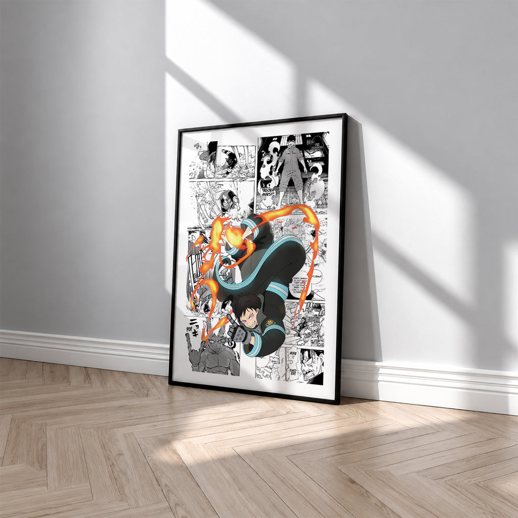 Shinra Kusakabe manga poster inspired by Fire Force in a black frame against a light gray wall