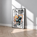 Shinra Kusakabe manga poster inspired by Fire Force in a black frame against a light gray wall