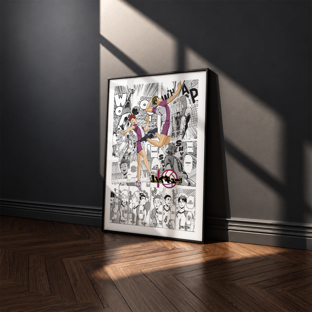 Shiratorizawa Academy manga poster inspired by Haikyu!! in a black frame against a charcoal gray wall