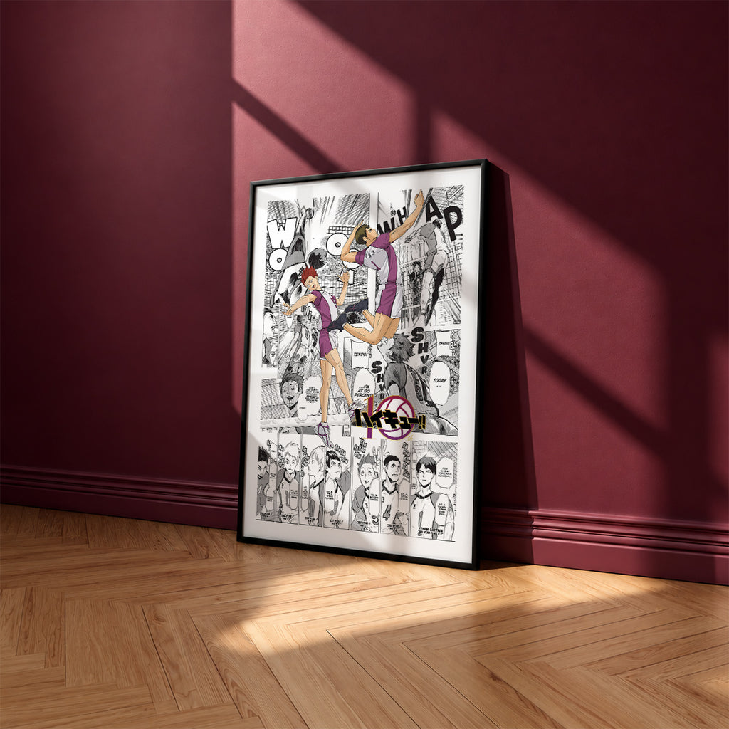Shiratorizawa Academy manga poster inspired by Haikyu!! in a black frame against a burgundy wall