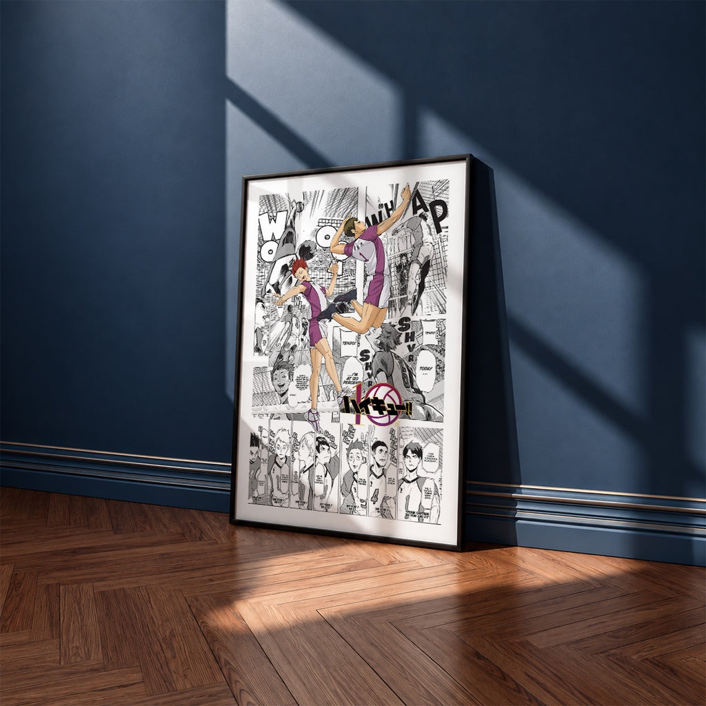 Shiratorizawa Academy manga poster inspired by Haikyu!! in a black frame against a navy blue wall