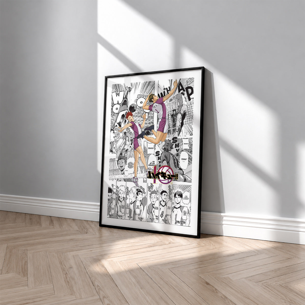 Shiratorizawa Academy manga poster inspired by Haikyu!! in a black frame against a light gray wall