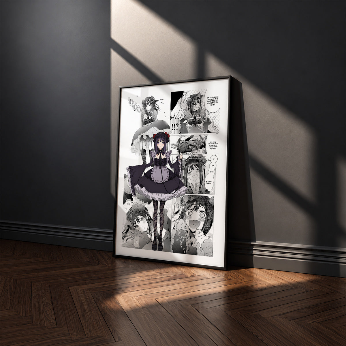 Shizuku Kuroe manga poster inspired by My Dress-Up Darling in a black frame against a charcoal gray wall