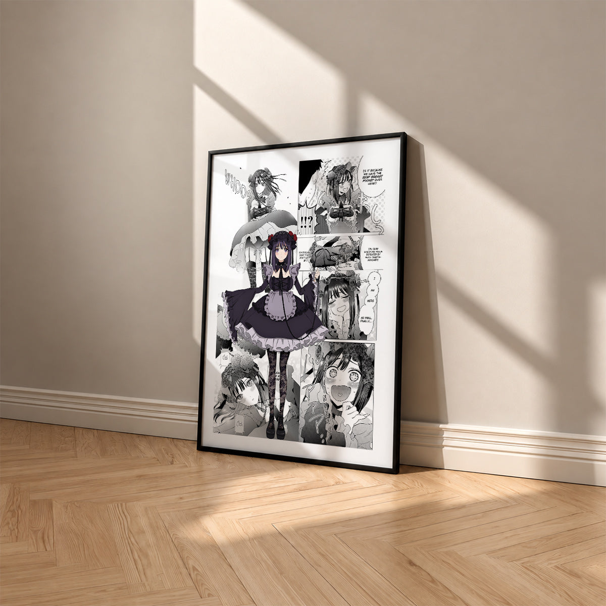 Shizuku Kuroe manga poster inspired by My Dress-Up Darling in a black frame against a warm beige wall