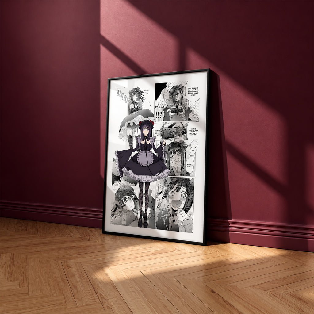 Shizuku Kuroe manga poster inspired by My Dress-Up Darling in a black frame against a burgundy wall