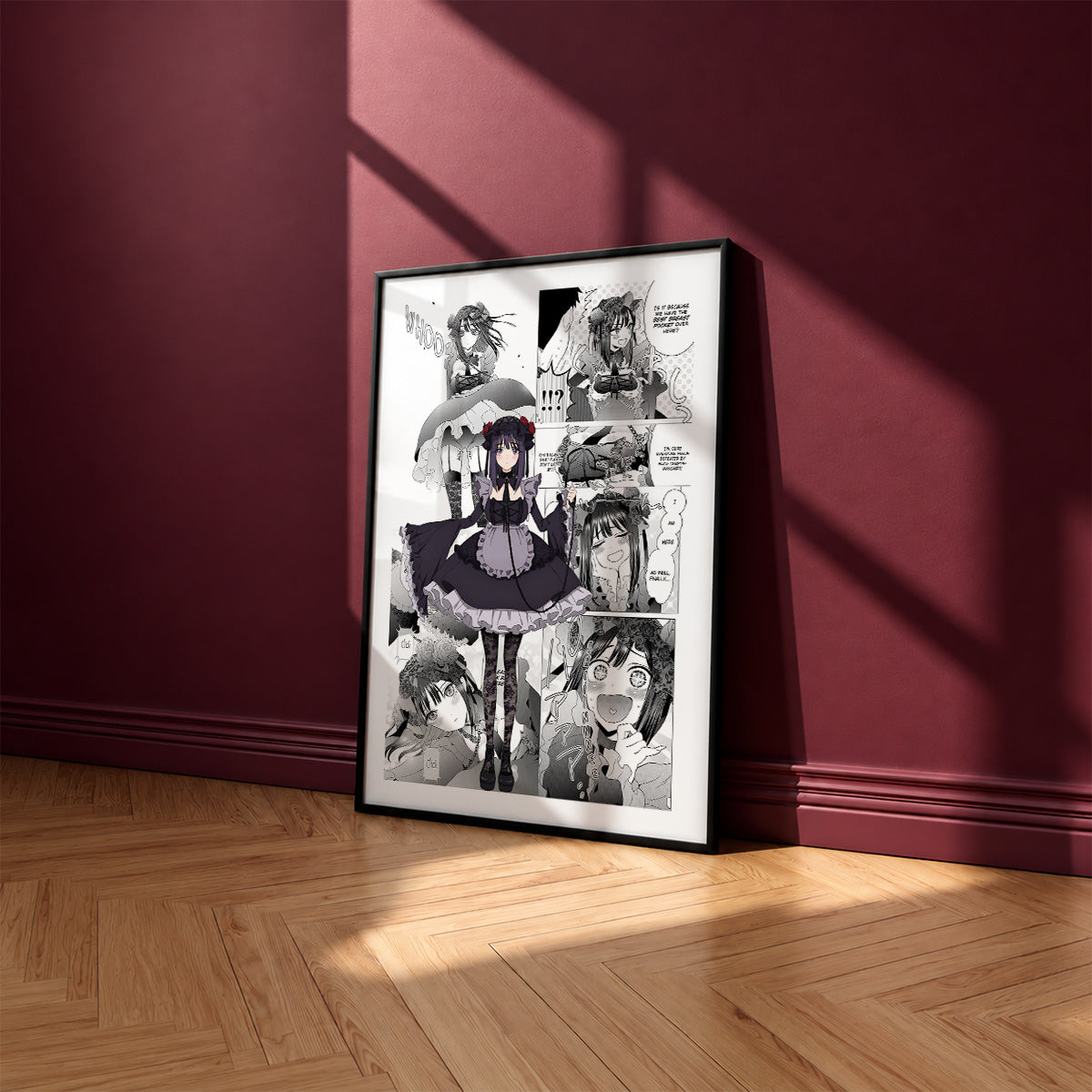 Shizuku Kuroe manga poster inspired by My Dress-Up Darling in a black frame against a burgundy wall
