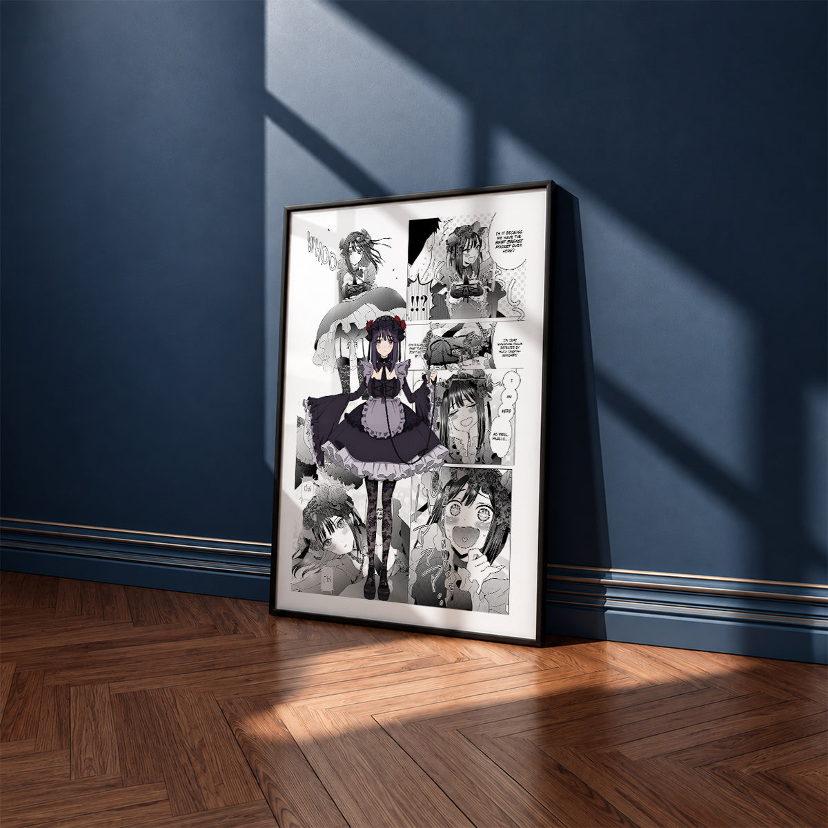 Shizuku Kuroe manga poster inspired by My Dress-Up Darling in a black frame against a navy blue wall