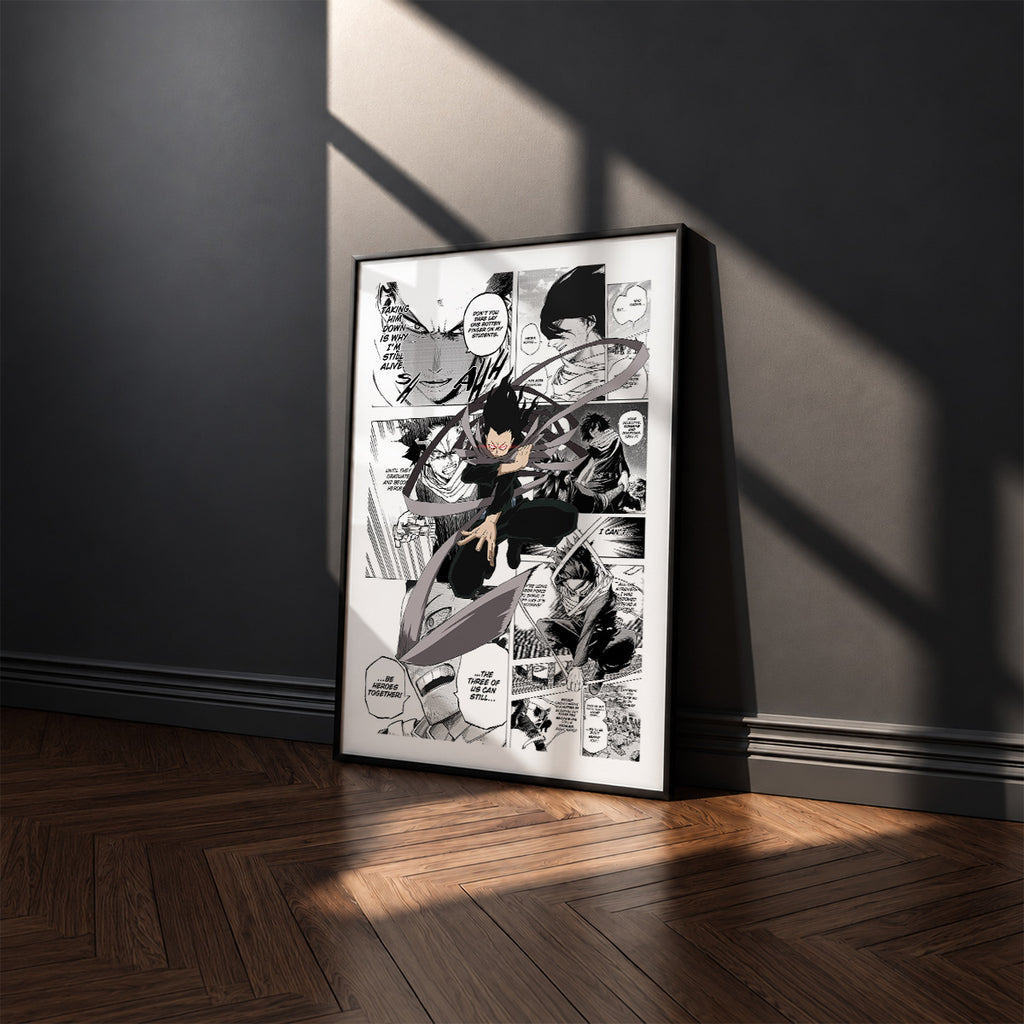 Shota Aizawa manga poster inspired by My Hero Academia in a black frame against a charcoal gray wall