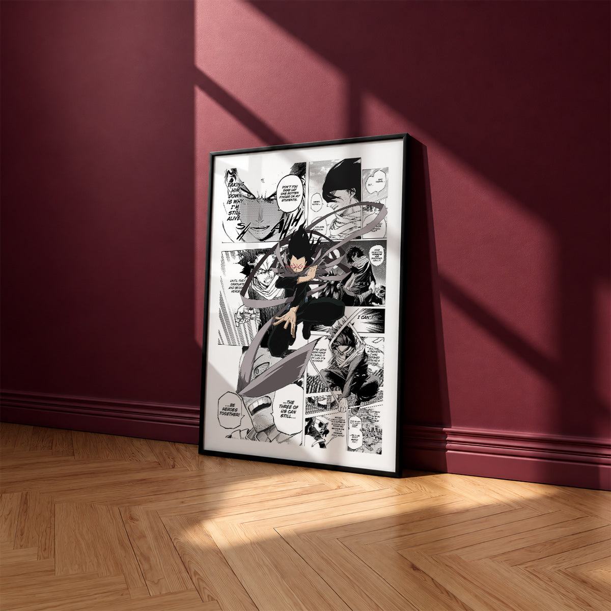 Shota Aizawa manga poster inspired by My Hero Academia in a black frame against a burgundy wall