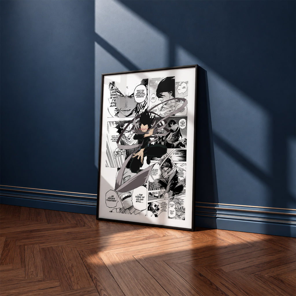 Shota Aizawa manga poster inspired by My Hero Academia in a black frame against a navy blue wall