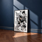 Shota Aizawa manga poster inspired by My Hero Academia in a black frame against a navy blue wall