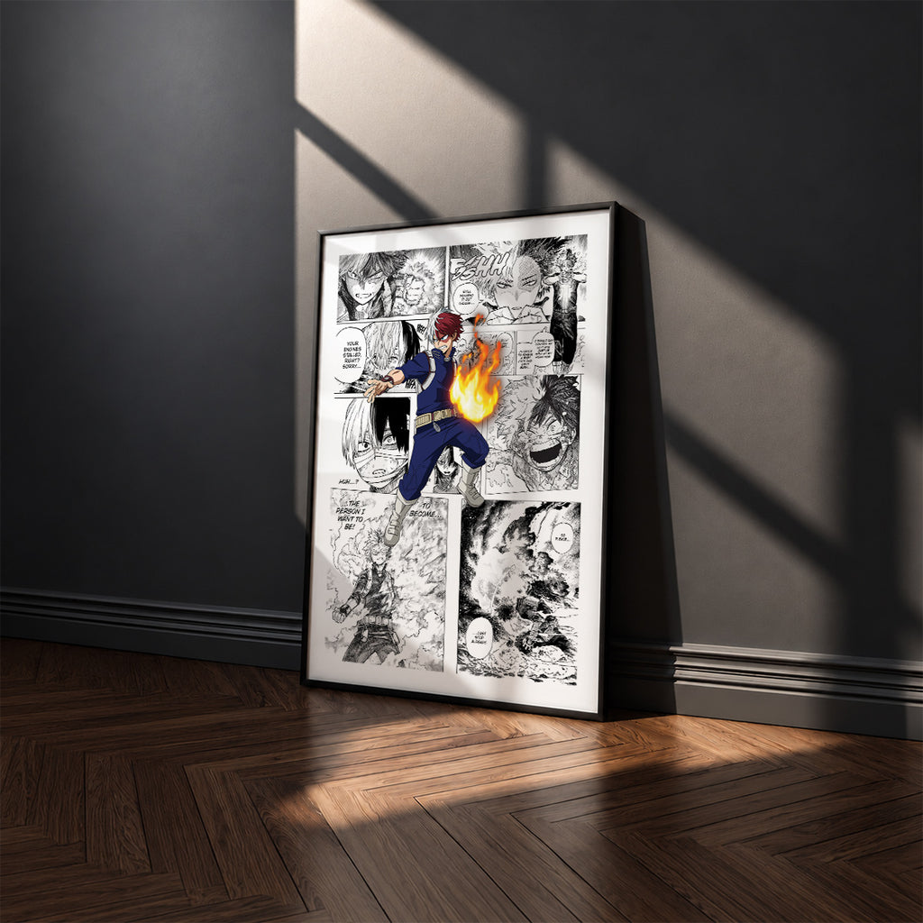 Shoto Todoroki manga poster inspired by My Hero Academia in a black frame against a charcoal gray wall