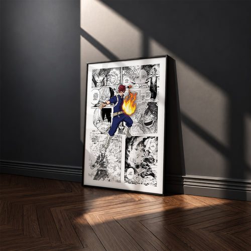 Shoto Todoroki manga poster inspired by My Hero Academia in a black frame against a charcoal gray wall