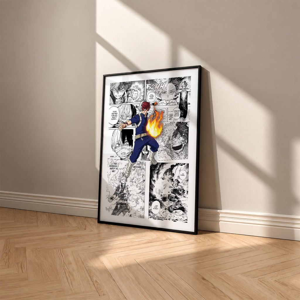 Shoto Todoroki manga poster inspired by My Hero Academia in a black frame against a warm beige wall