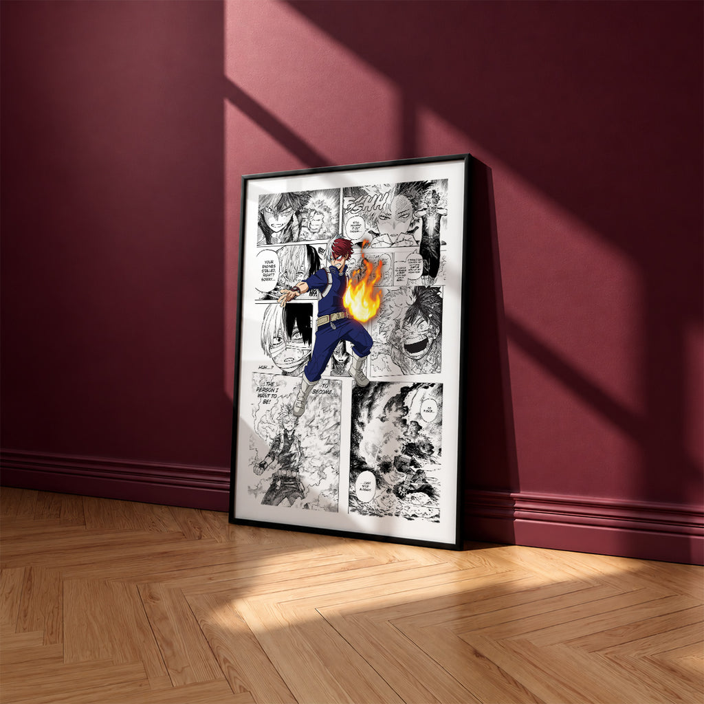 Shoto Todoroki manga poster inspired by My Hero Academia in a black frame against a burgundy wall