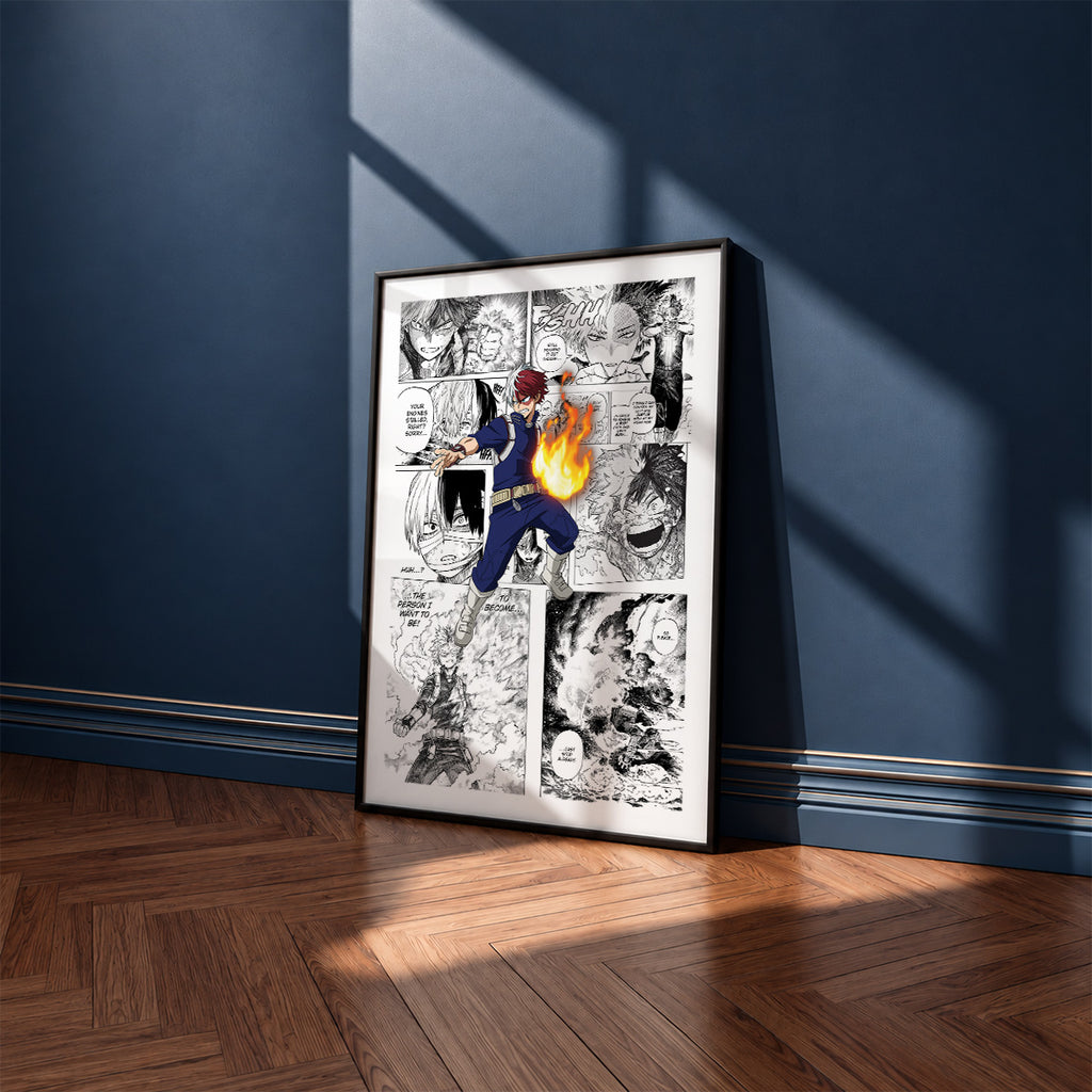 Shoto Todoroki manga poster inspired by My Hero Academia in a black frame against a navy blue wall