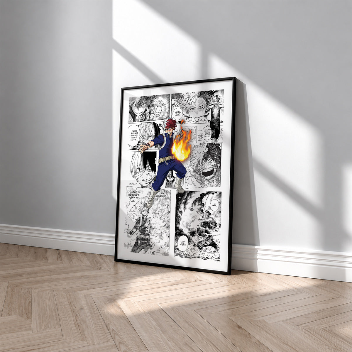 Shoto Todoroki manga poster inspired by My Hero Academia in a black frame against a light gray wall
