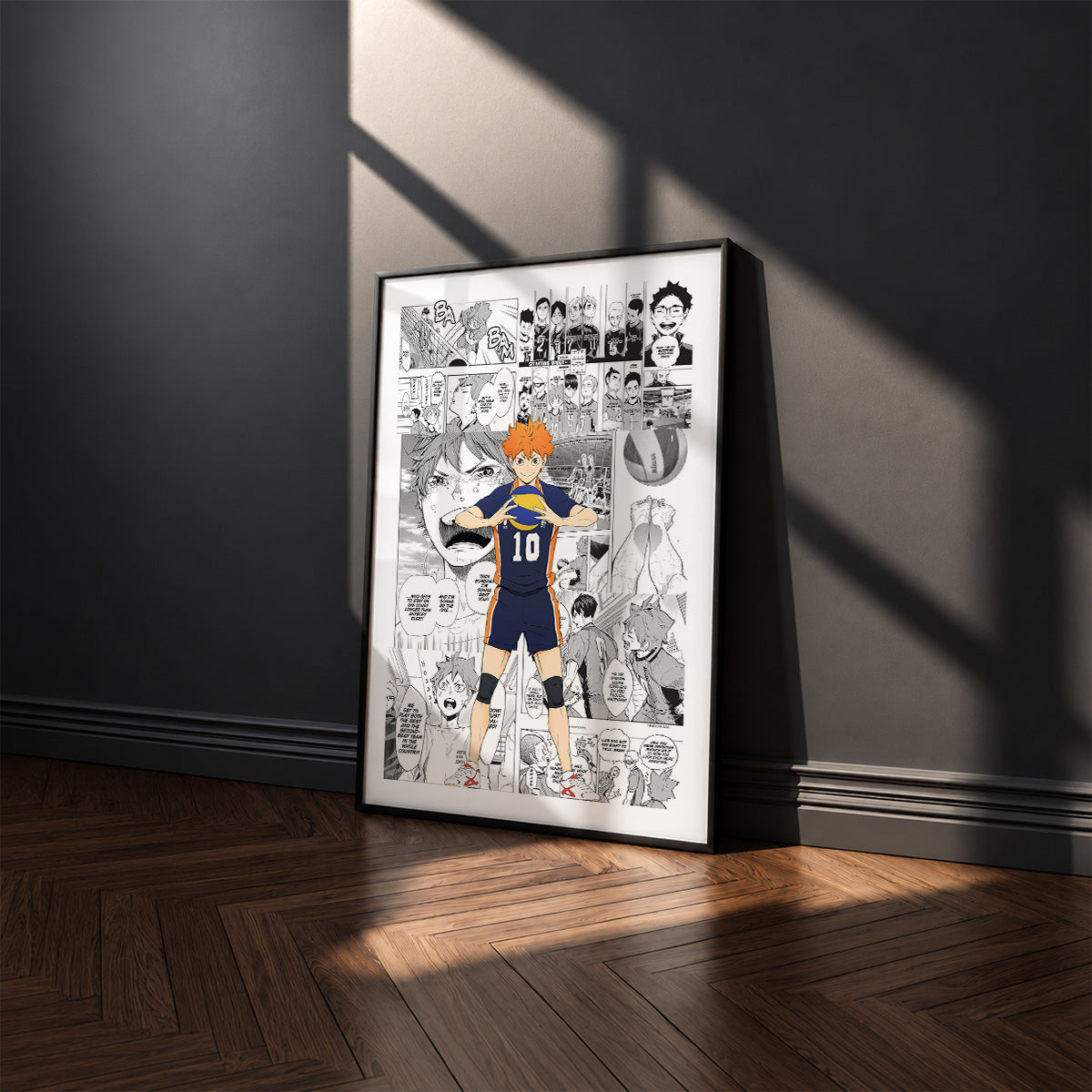 Shoyo Hinata manga poster inspired by Haikyu!! in a black frame against a charcoal gray wall