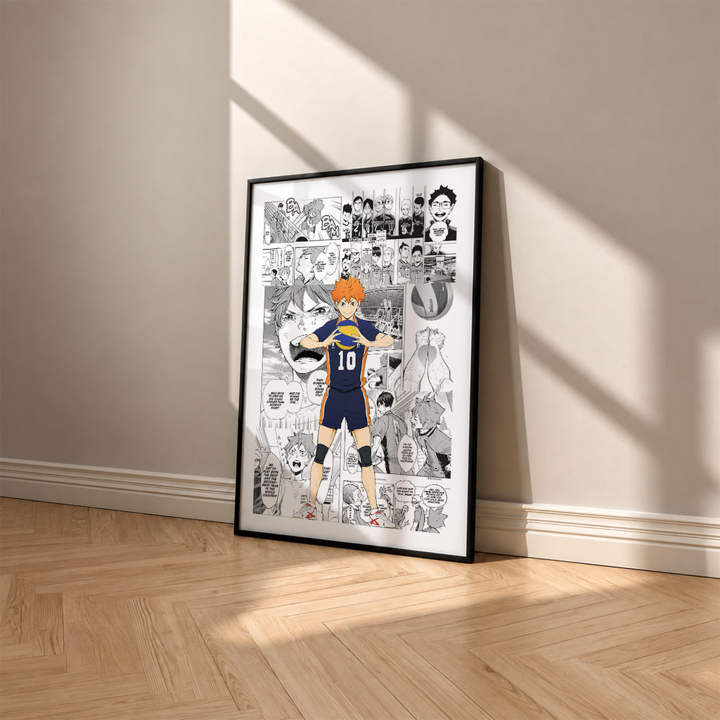 Shoyo Hinata manga poster inspired by Haikyu!! in a black frame against a warm beige wall