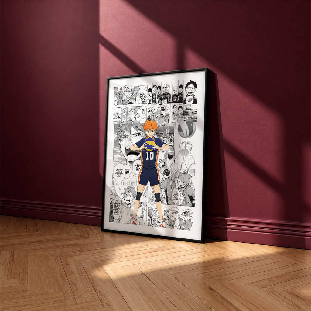 Shoyo Hinata manga poster inspired by Haikyu!! in a black frame against a burgundy wall
