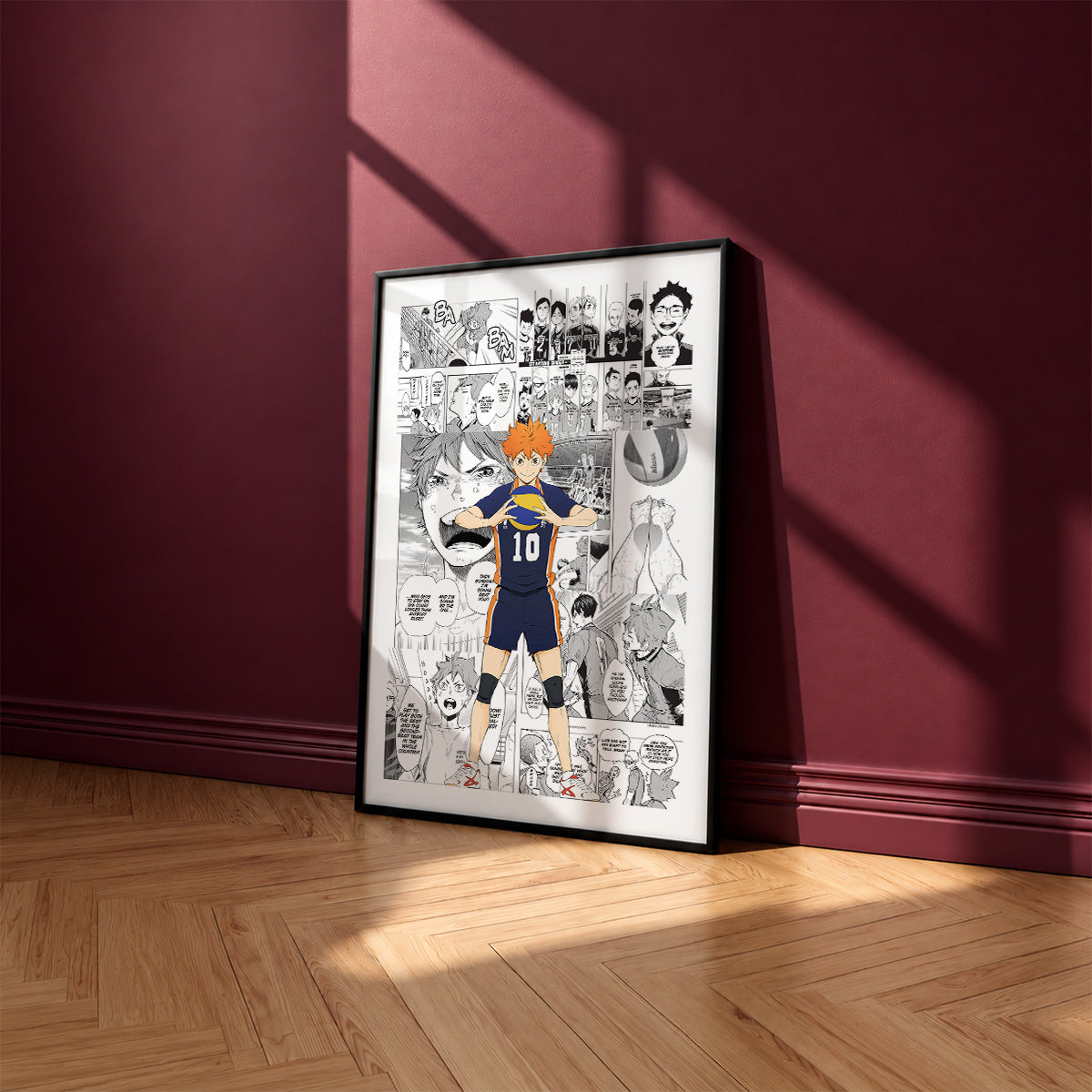 Shoyo Hinata manga poster inspired by Haikyu!! in a black frame against a burgundy wall