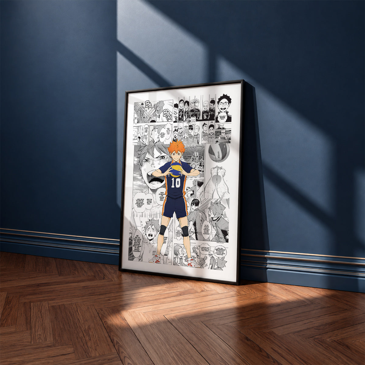 Shoyo Hinata manga poster inspired by Haikyu!! in a black frame against a navy blue wall
