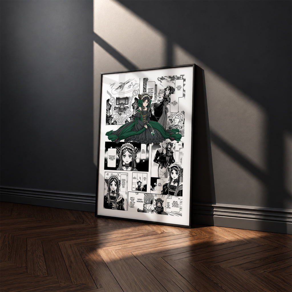 Sieglinde Sullivan manga poster inspired by Black Butler in a black frame against a charcoal gray wall