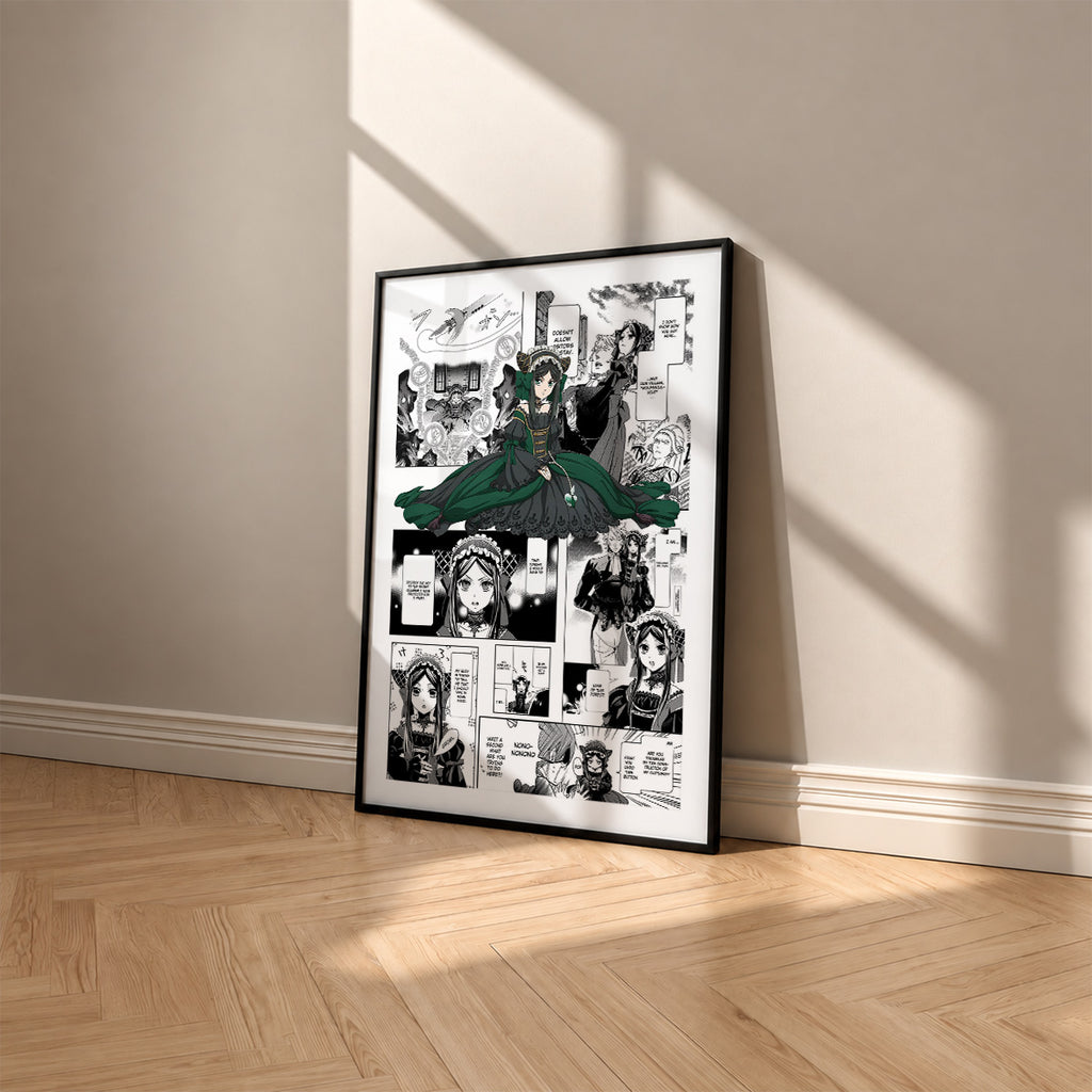 Sieglinde Sullivan manga poster inspired by Black Butler in a black frame against a warm beige wall