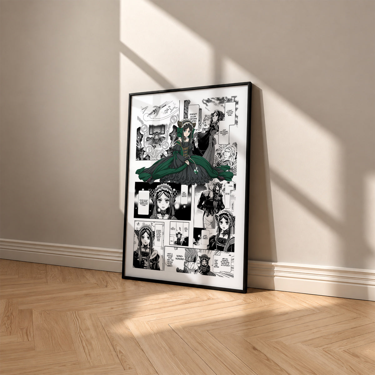 Sieglinde Sullivan manga poster inspired by Black Butler in a black frame against a warm beige wall