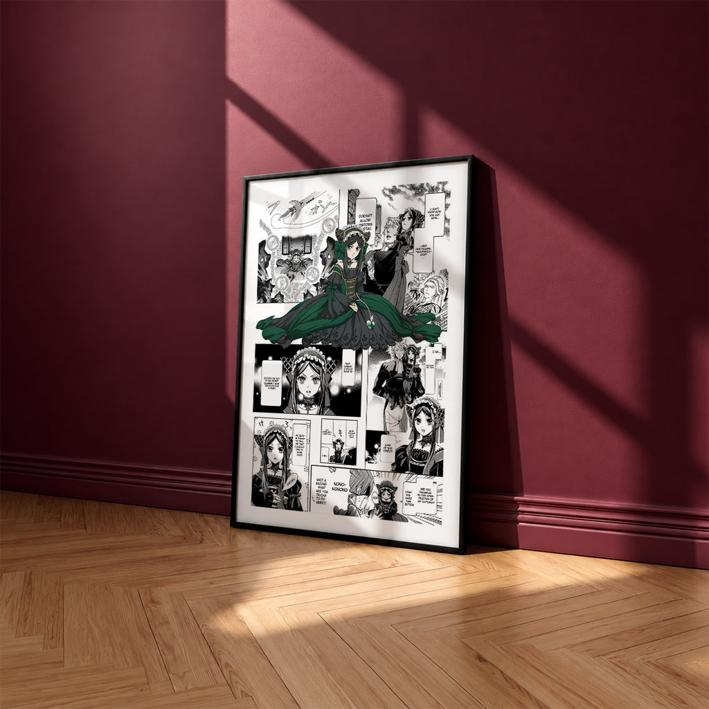 Sieglinde Sullivan manga poster inspired by Black Butler in a black frame against a burgundy wall
