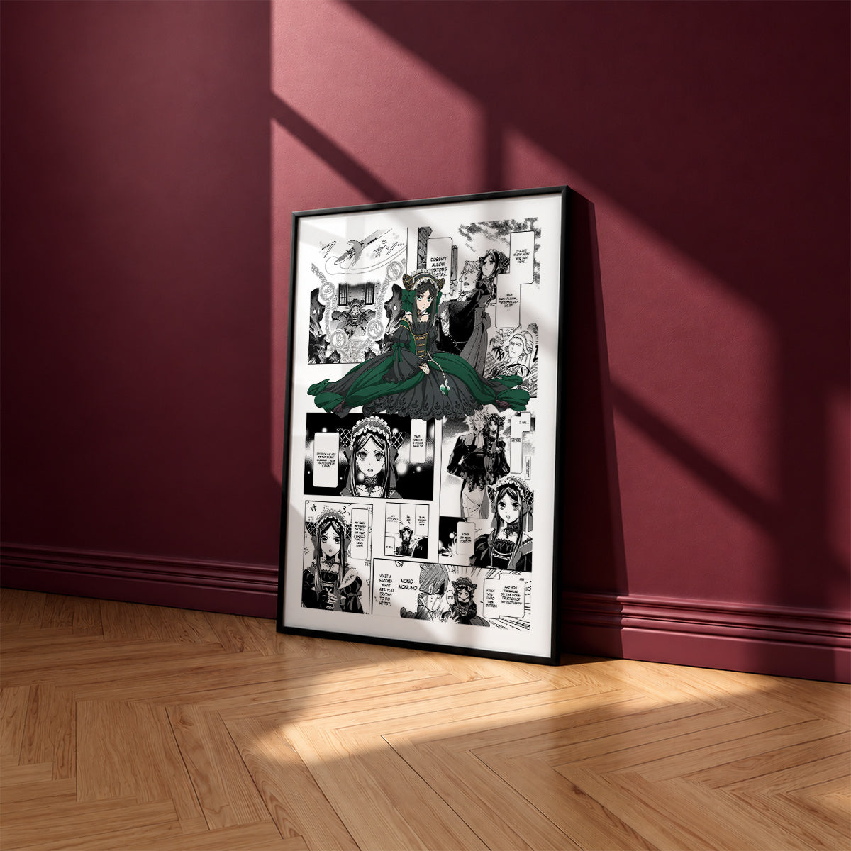 Sieglinde Sullivan manga poster inspired by Black Butler in a black frame against a burgundy wall