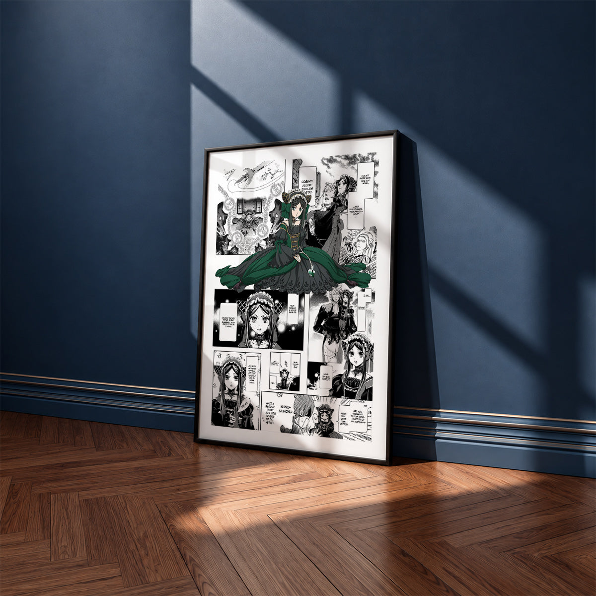 Sieglinde Sullivan manga poster inspired by Black Butler in a black frame against a navy blue wall