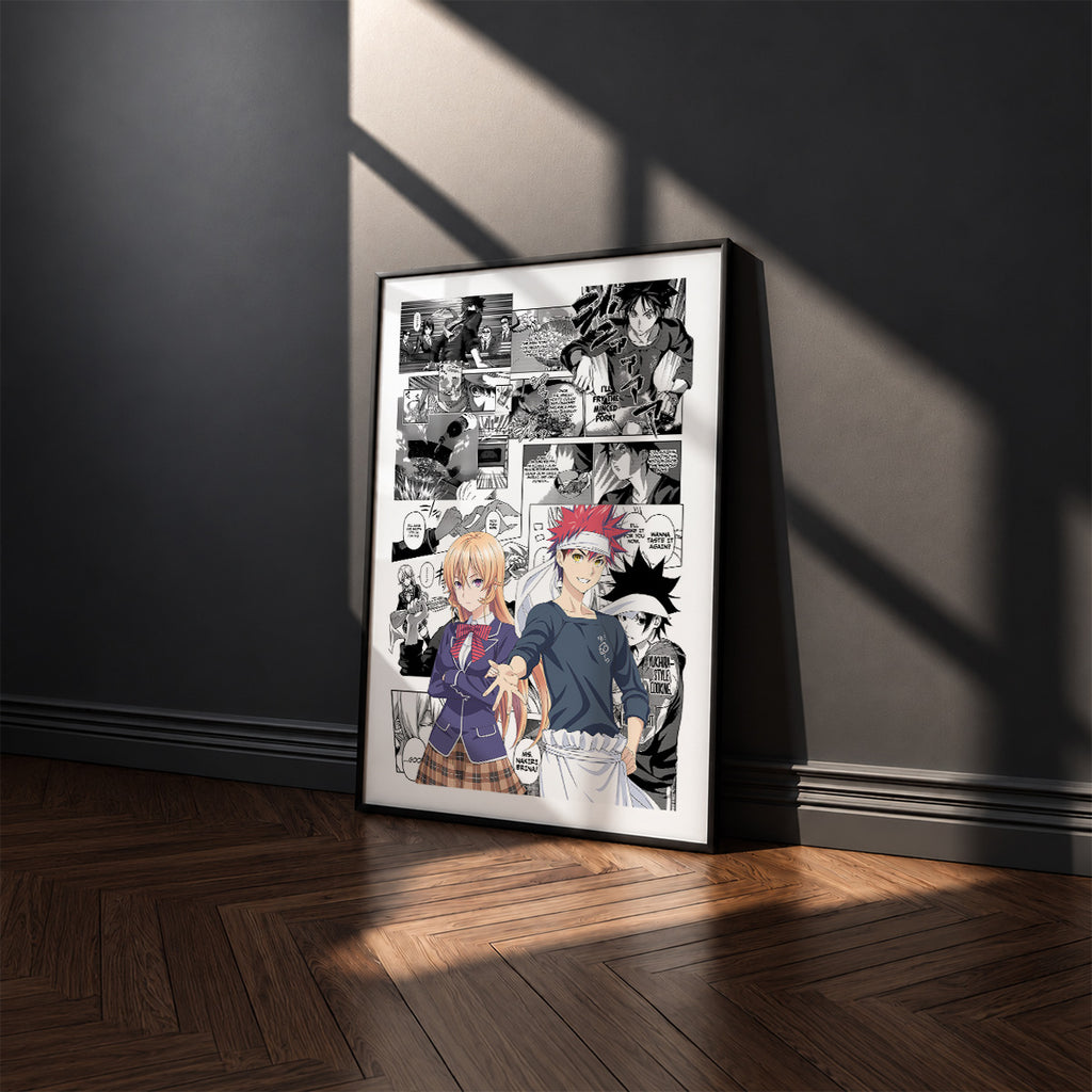 Soma Yukihira and Erina Nakiri manga poster inspired by Food Wars!: Shokugeki no Soma in a black frame against a charcoal gray wall