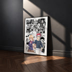 Soma Yukihira and Erina Nakiri manga poster inspired by Food Wars!: Shokugeki no Soma in a black frame against a charcoal gray wall