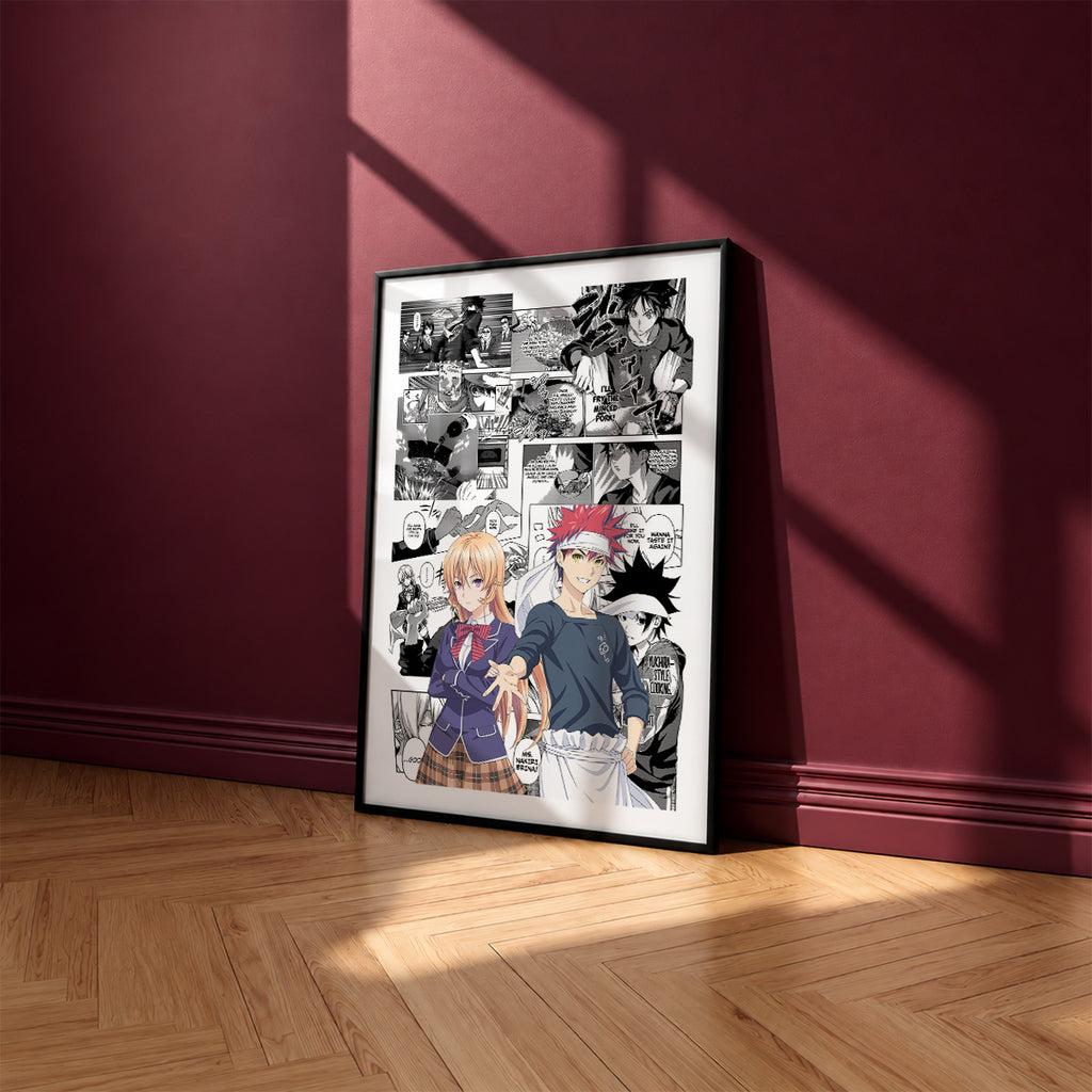 Soma Yukihira and Erina Nakiri manga poster inspired by Food Wars!: Shokugeki no Soma in a black frame against a burgundy wall