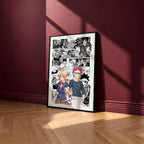 Soma Yukihira and Erina Nakiri manga poster inspired by Food Wars!: Shokugeki no Soma in a black frame against a burgundy wall