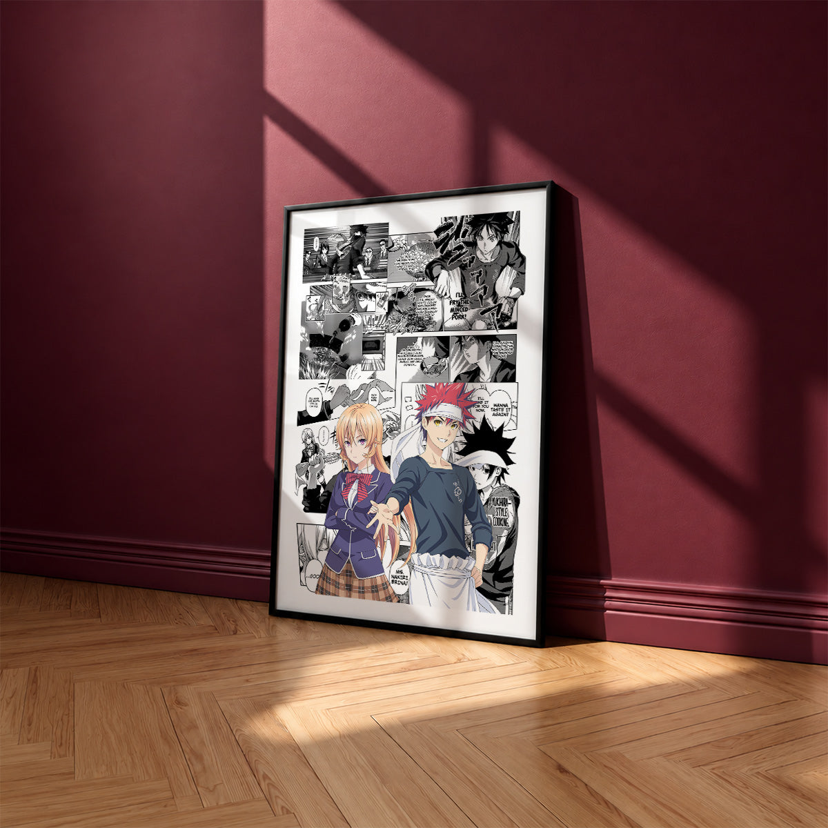 Soma Yukihira and Erina Nakiri manga poster inspired by Food Wars!: Shokugeki no Soma in a black frame against a burgundy wall