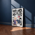Soma Yukihira and Erina Nakiri manga poster inspired by Food Wars!: Shokugeki no Soma in a black frame against a navy blue wall