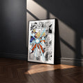 Son Goku, Gohan and Goten Family Kamehameha manga poster inspired by Dragon Ball in a black frame against a charcoal gray wall