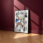 Son Goku, Gohan and Goten Family Kamehameha manga poster inspired by Dragon Ball in a black frame against a burgundy wall