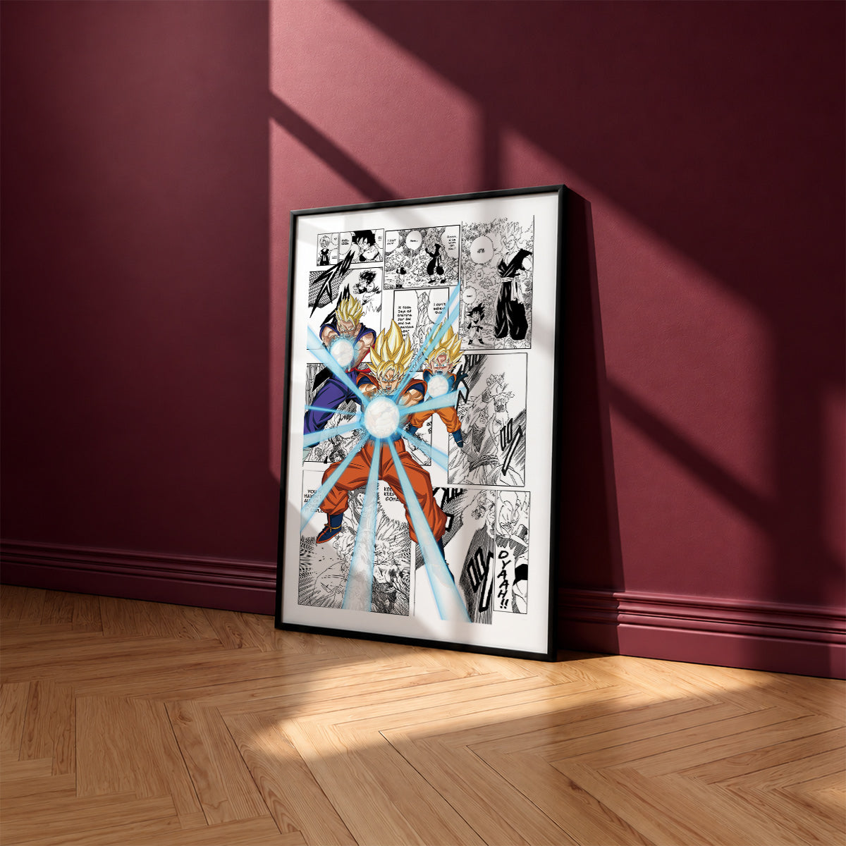 Son Goku, Gohan and Goten Family Kamehameha manga poster inspired by Dragon Ball in a black frame against a burgundy wall