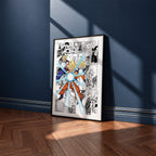 Son Goku, Gohan and Goten Family Kamehameha manga poster inspired by Dragon Ball in a black frame against a navy blue wall